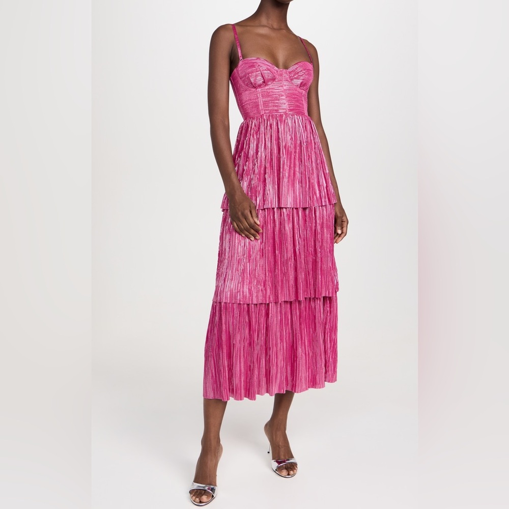 Sabina Musayev Metallic Raspberry Pink Tiered Bustier Maxi Dress